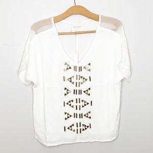 Line & dot silk white embellished top